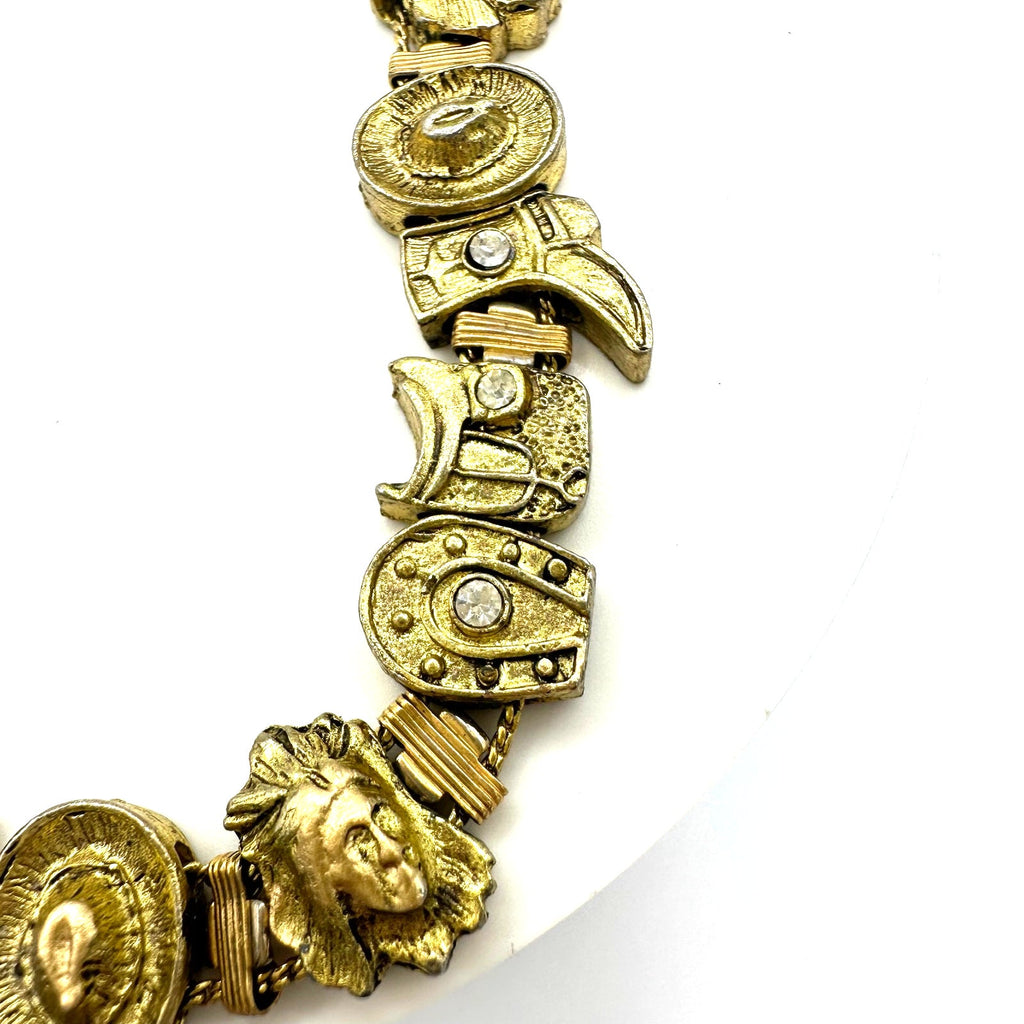 Vintage gold tone Southwestern cowboy hat boots rhinestone slider charm bracelet