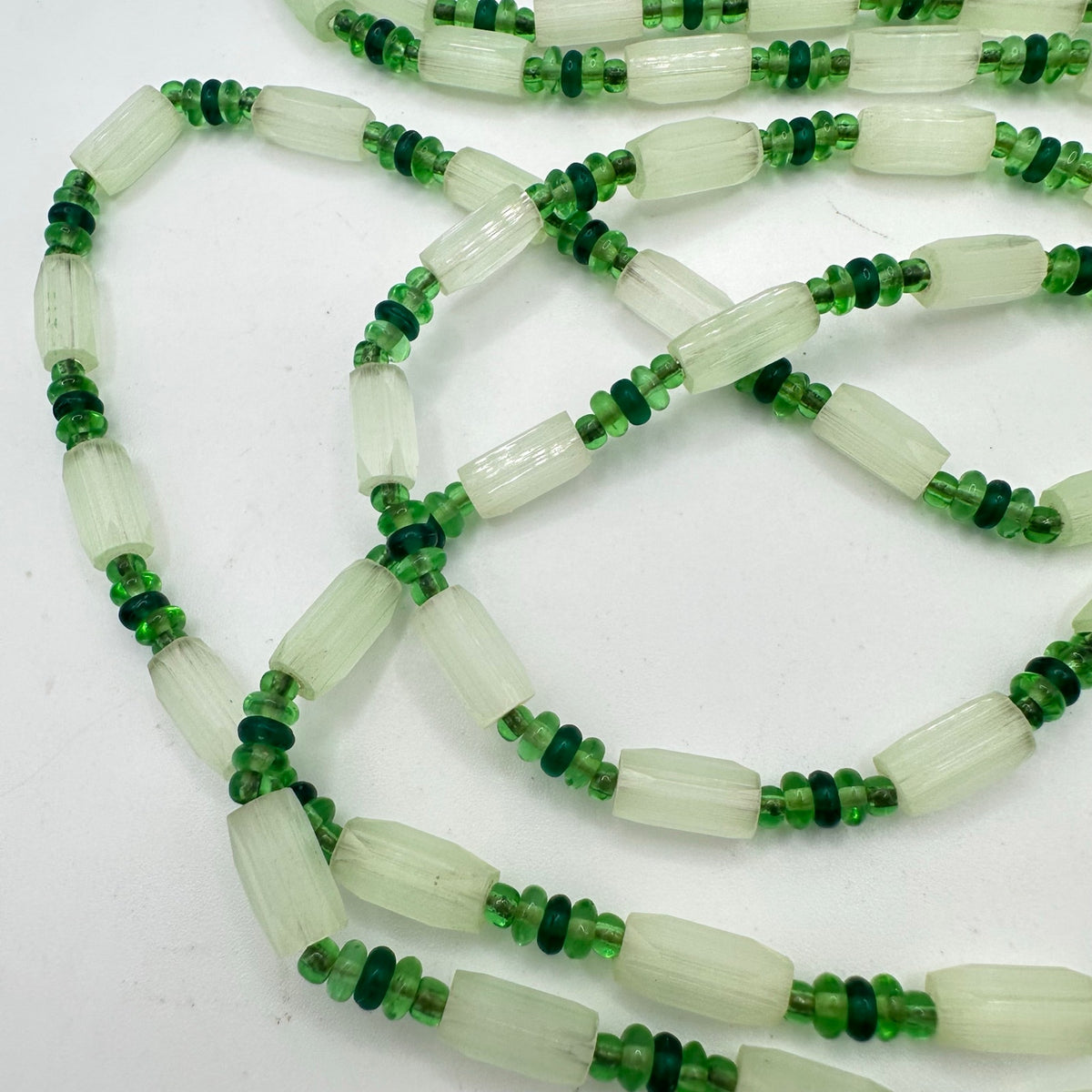 Antique vintage mint emerald green Czech satin art glass beaded 50" necklace