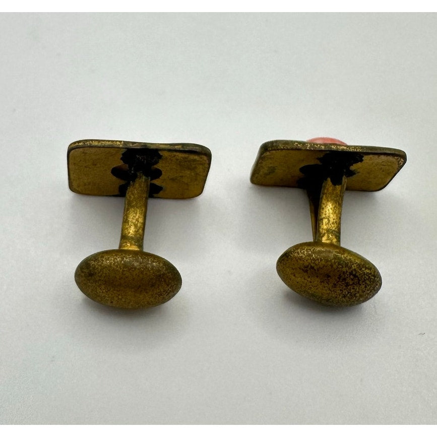 Antique Victorian Arts & Crafts gold tone peach art glass bean back cufflinks