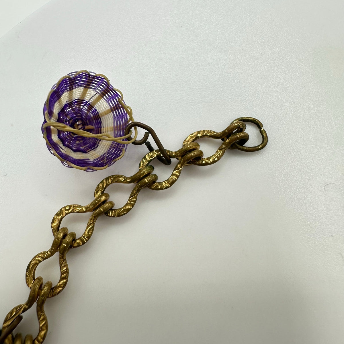 Antique vintage gold gilt handmade woven straw hand painted charms bracelet