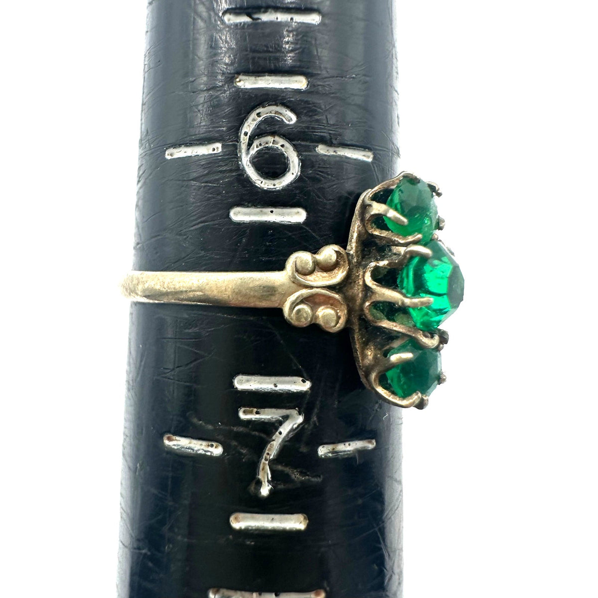 Antique Art Deco 1920s silver tone green Czech glass rhinestones ring 6.5