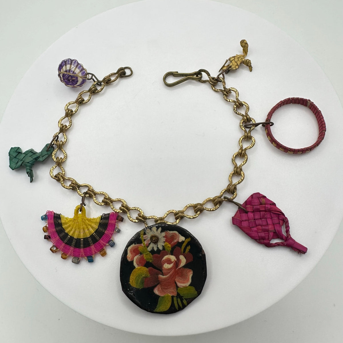 Antique vintage gold gilt handmade woven straw hand painted charms bracelet