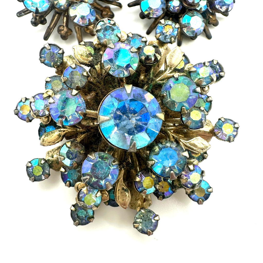 Vintage gold tone blue AB rhinestones starburst brooch clip on earrings