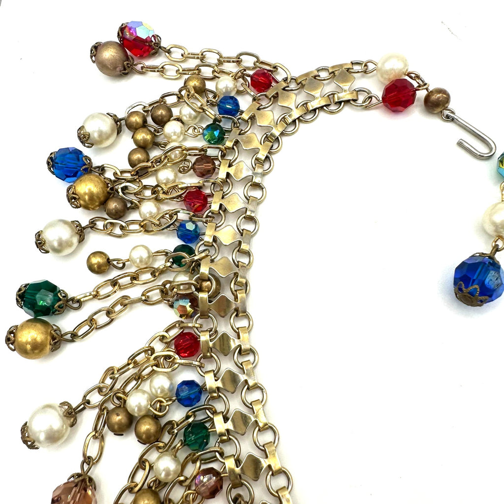 Alice Caviness vintage gold tone AB glass faux pearls beaded fringe necklace