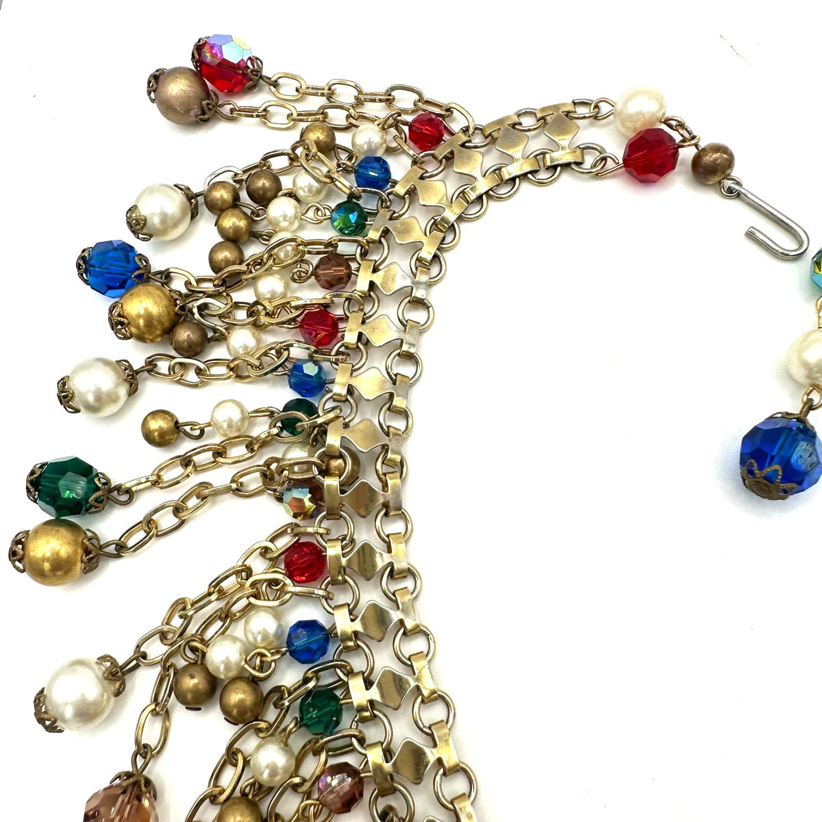 Alice Caviness vintage gold tone AB glass faux pearls beaded fringe necklace