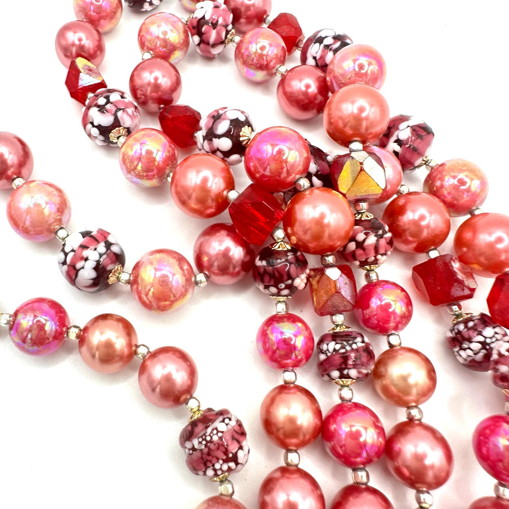Japan vintage 3 strand pink AB lucite faux pearls red glass beaded necklace