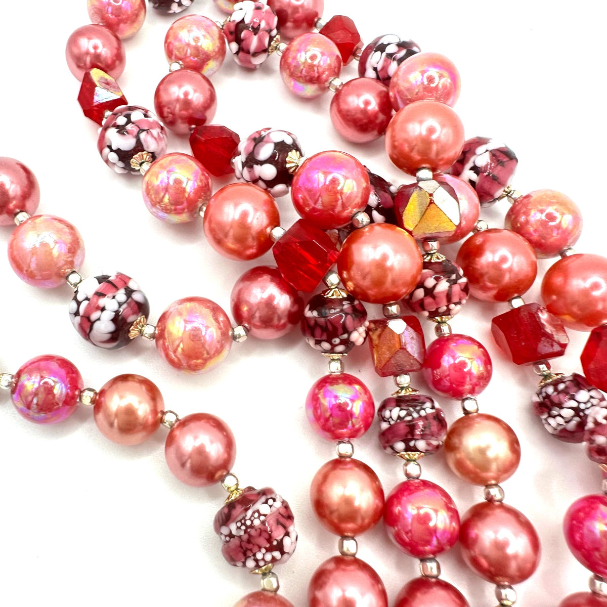 Japan vintage 3 strand pink AB lucite faux pearls red glass beaded necklace