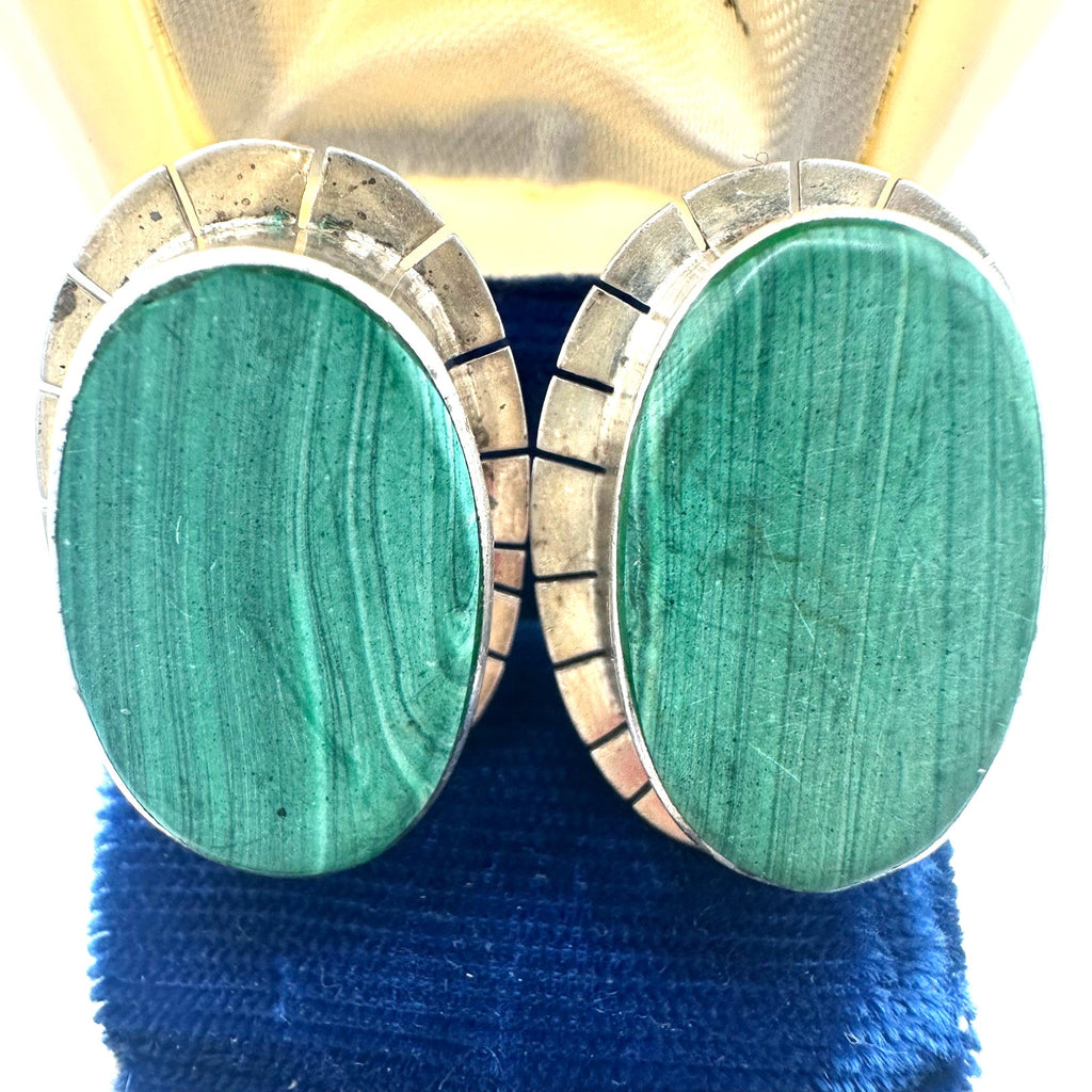 Taxco Mexico vintage sterling silver green malachite cabochons clip on earrings