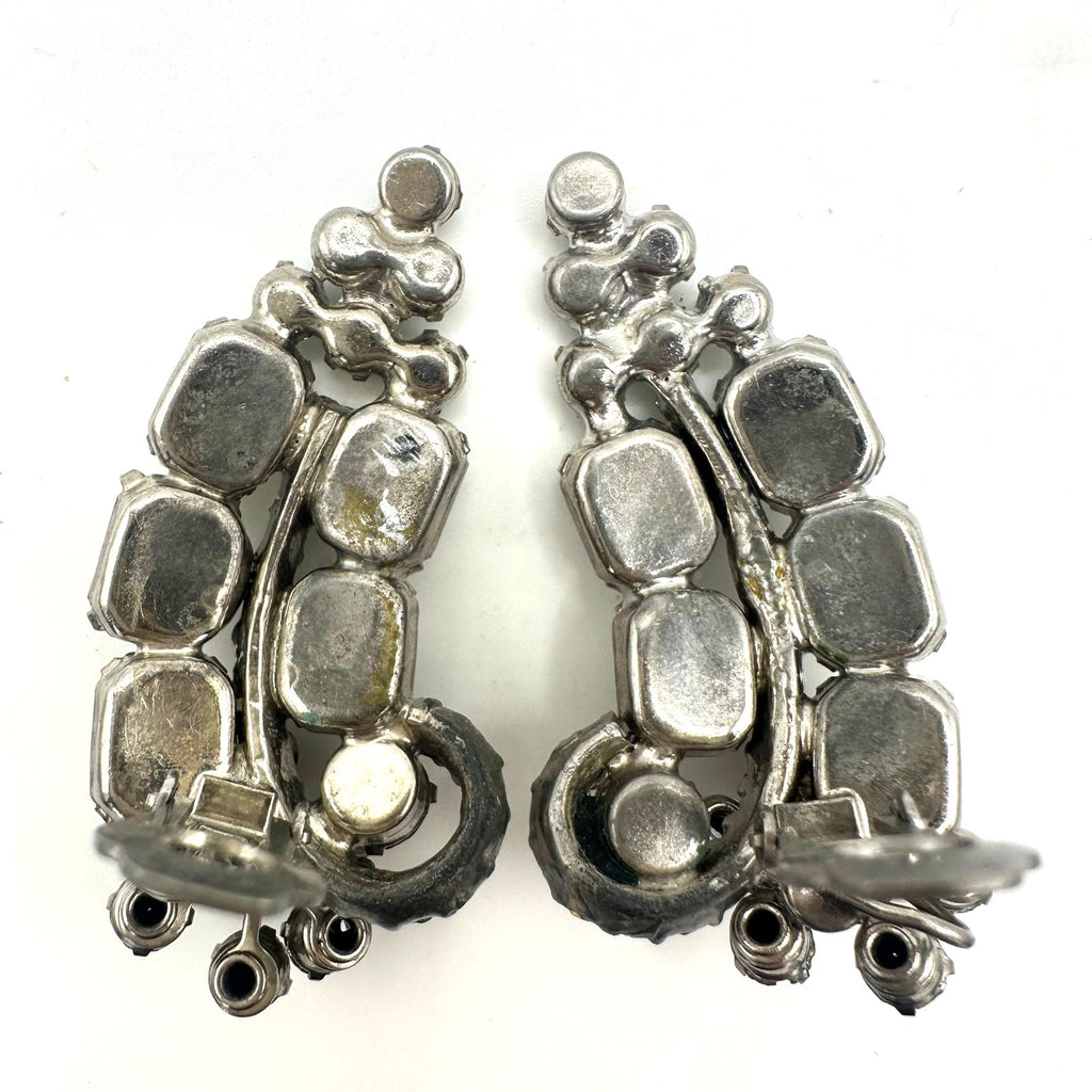 Juliana vintage silver tone clear glass rhinestones crawler clip on earrings