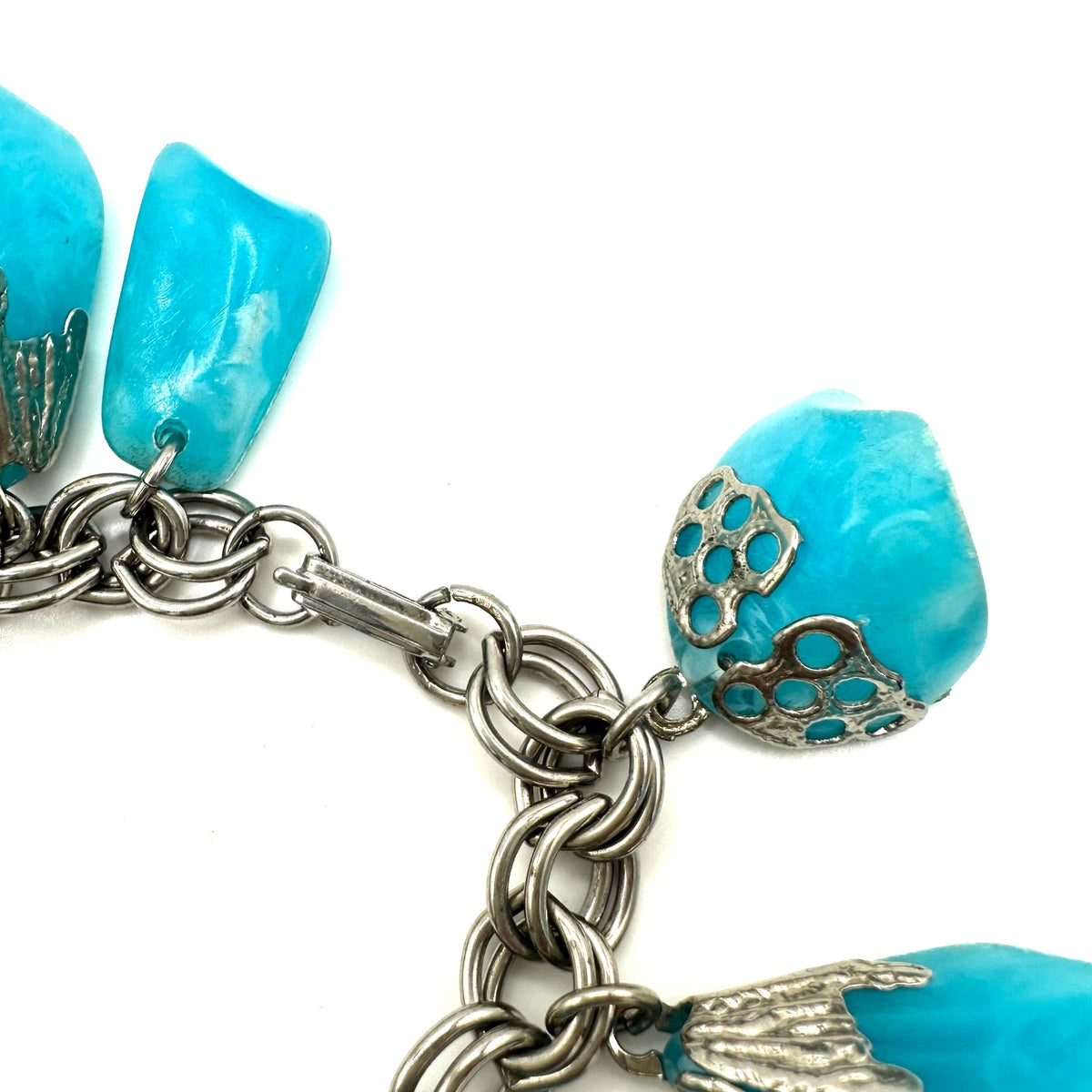 Vintage 1960s silver tone double cable link light blue lucite charms bracelet