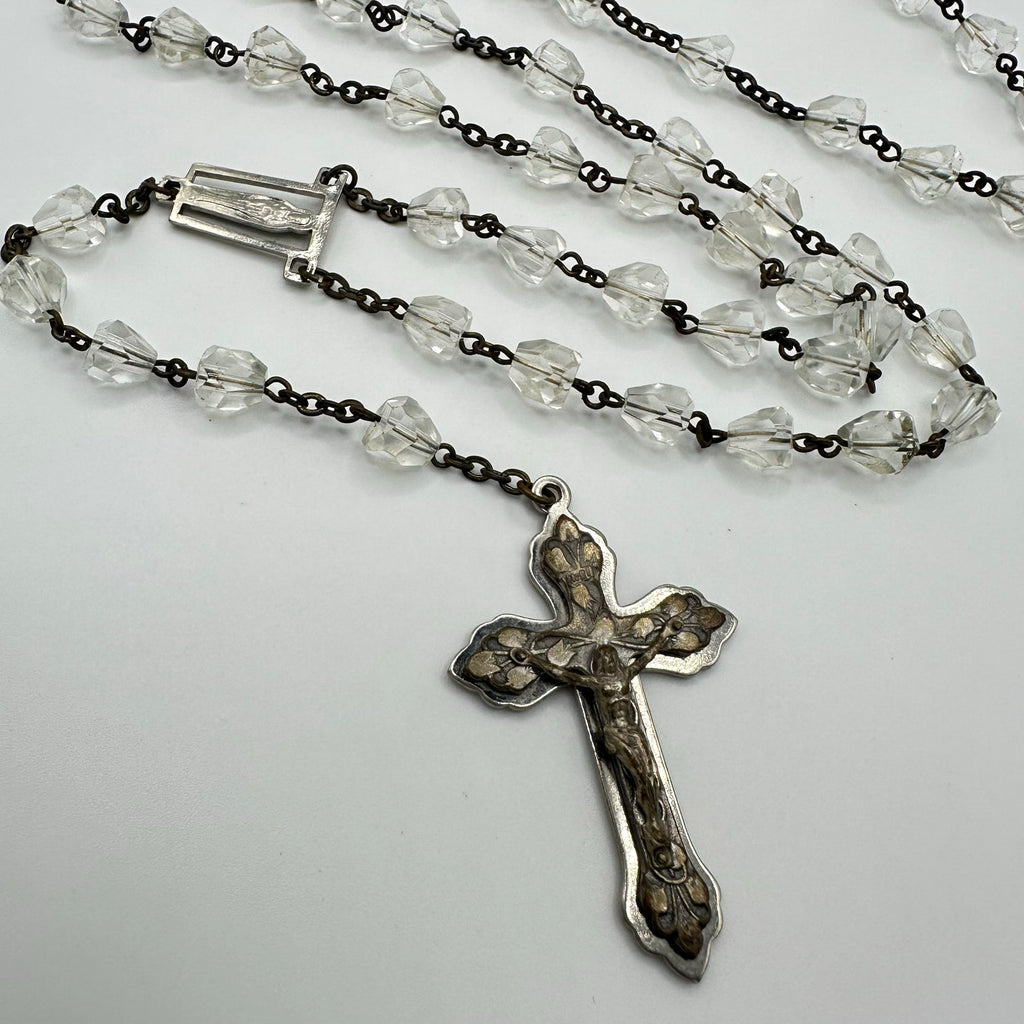 Vintage brass steel faceted clear glass beads beaded Catholic rosary necklace