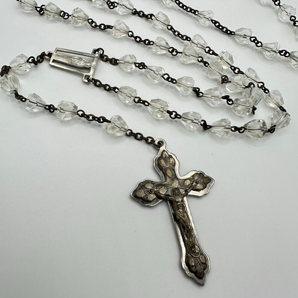 Vintage brass steel faceted clear glass beads beaded Catholic rosary necklace