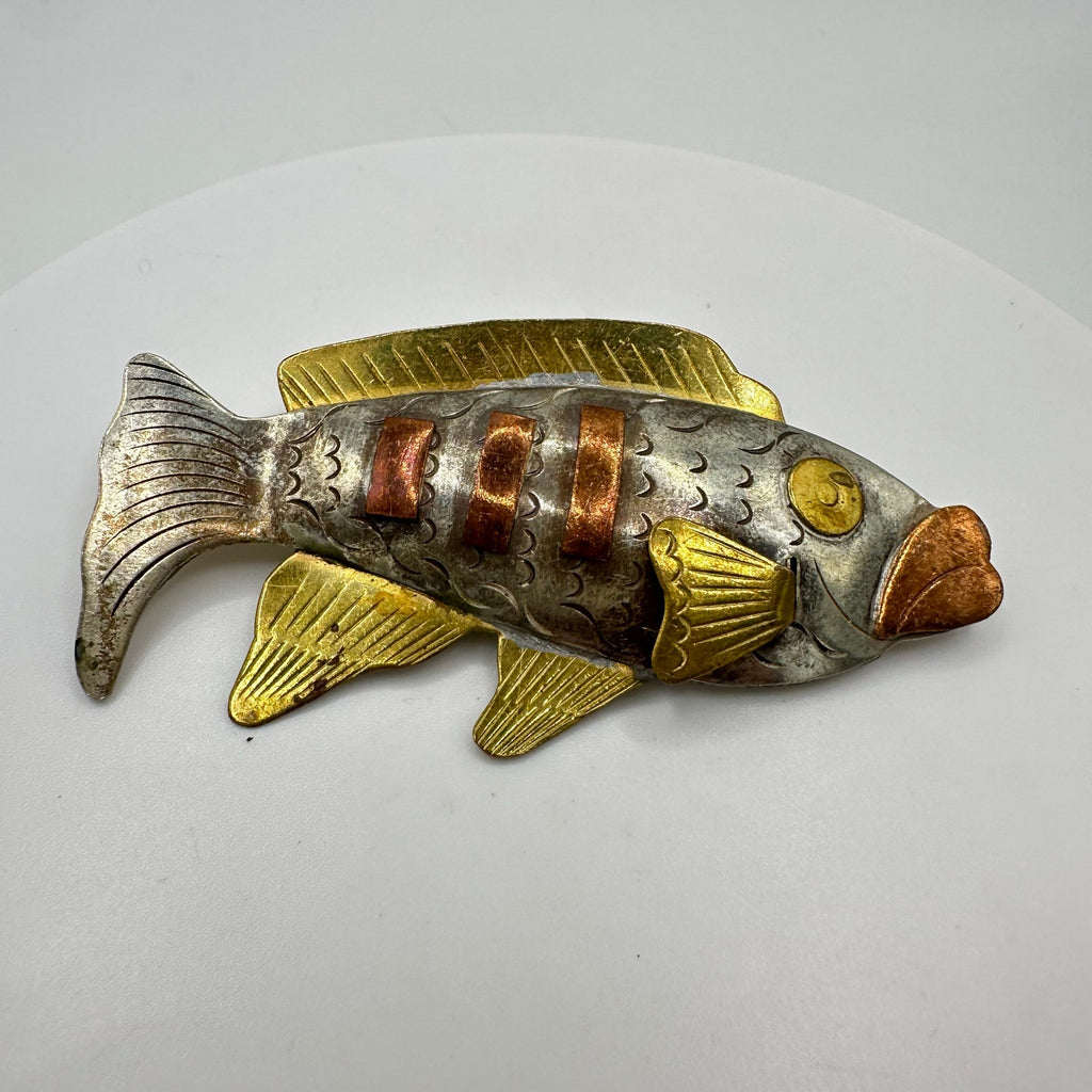 Vintage copper brass gold silver tone handmade modernist fish figural brooch