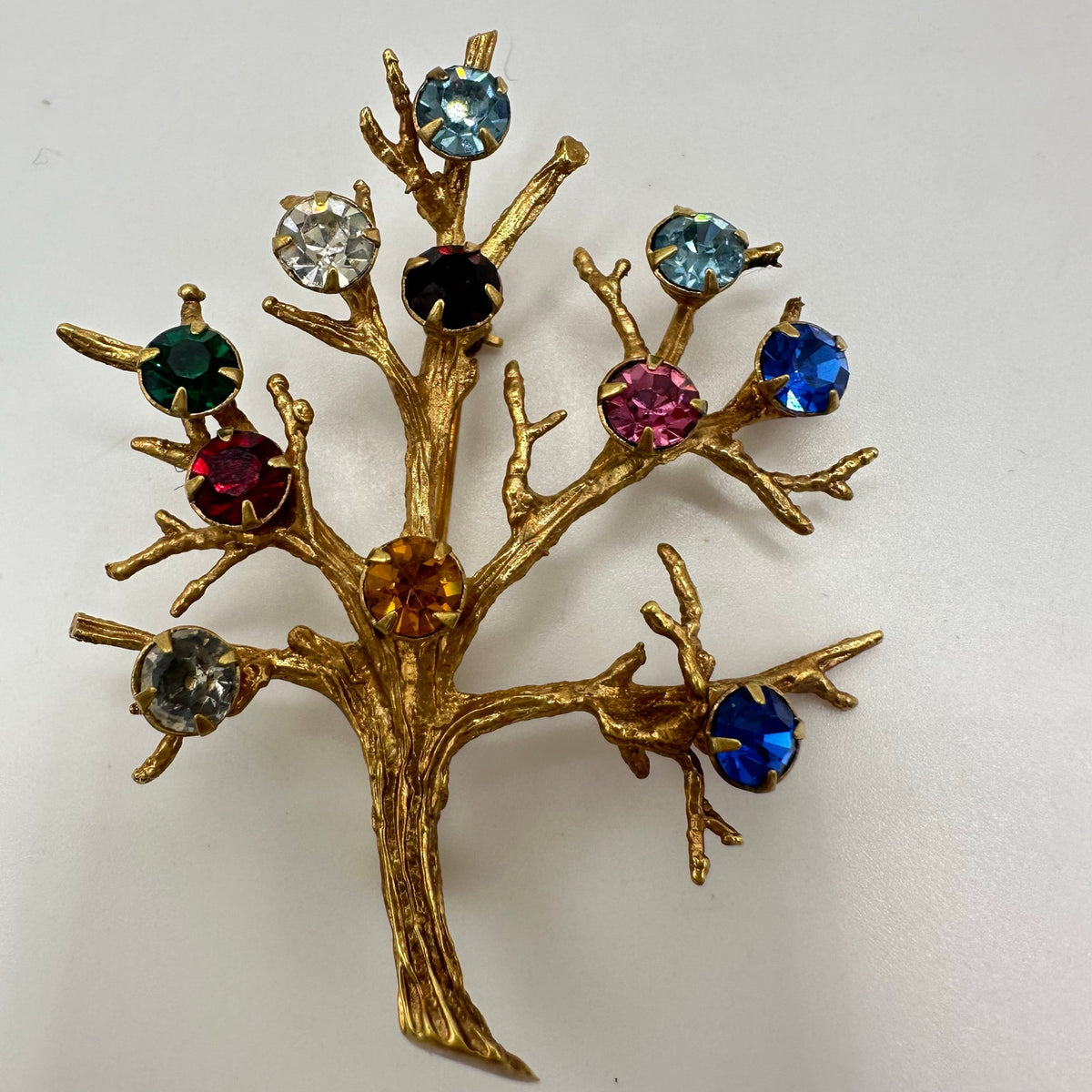 Sarah Coventry vintage gold tone multicolor glass rhinestones family tree brooch