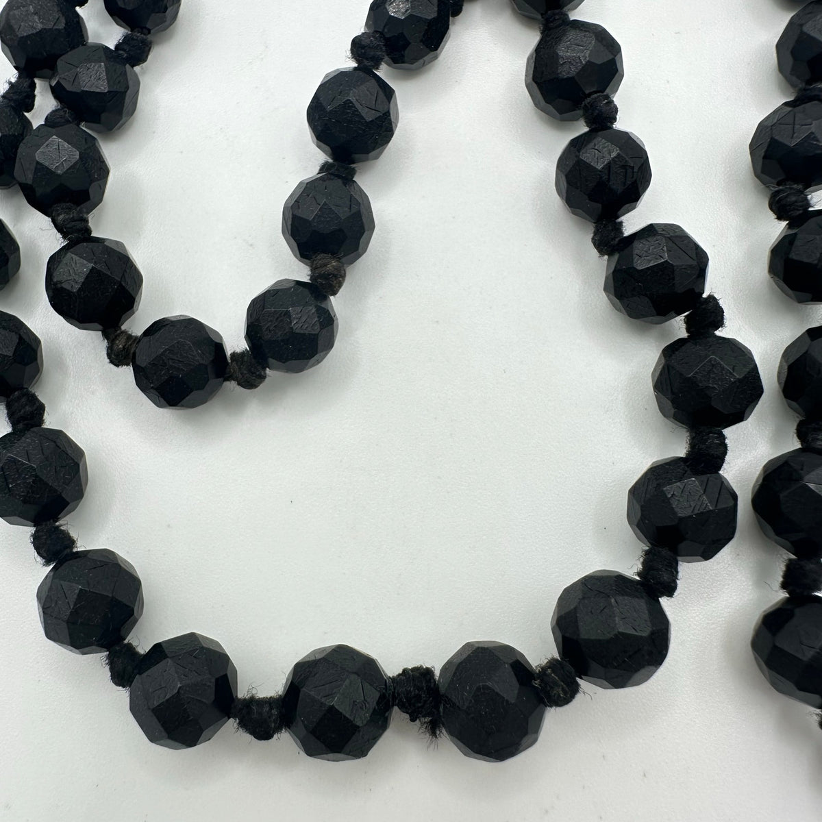 Antique Victorian 1800s black faceted vulcanite beaded 58” mourning necklace