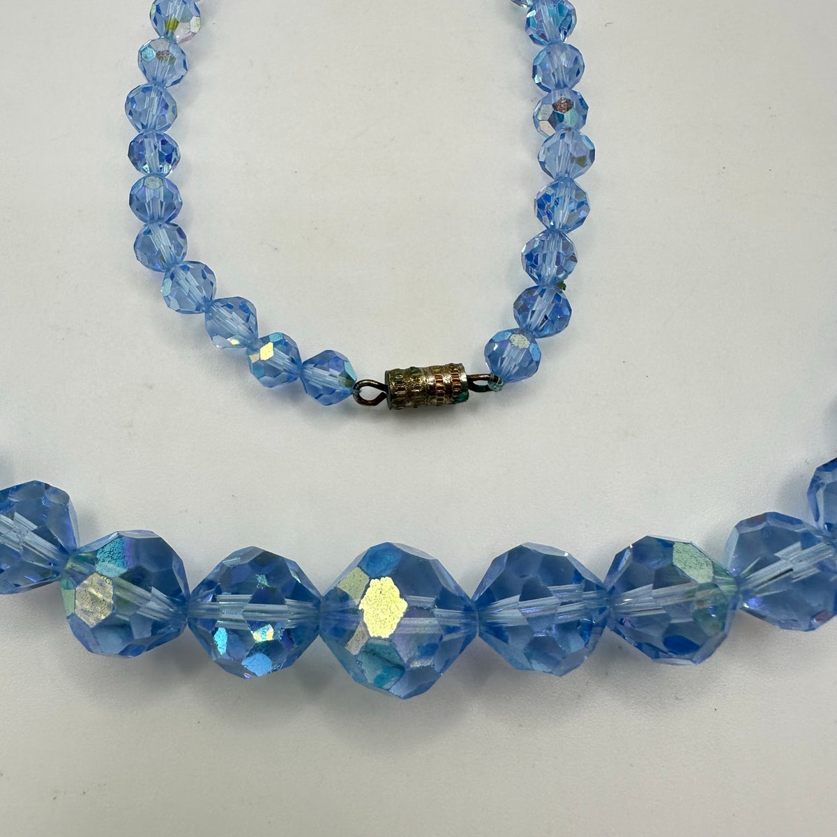 Vintage 1950s light blue AB glass beads beaded 28” graduated necklace