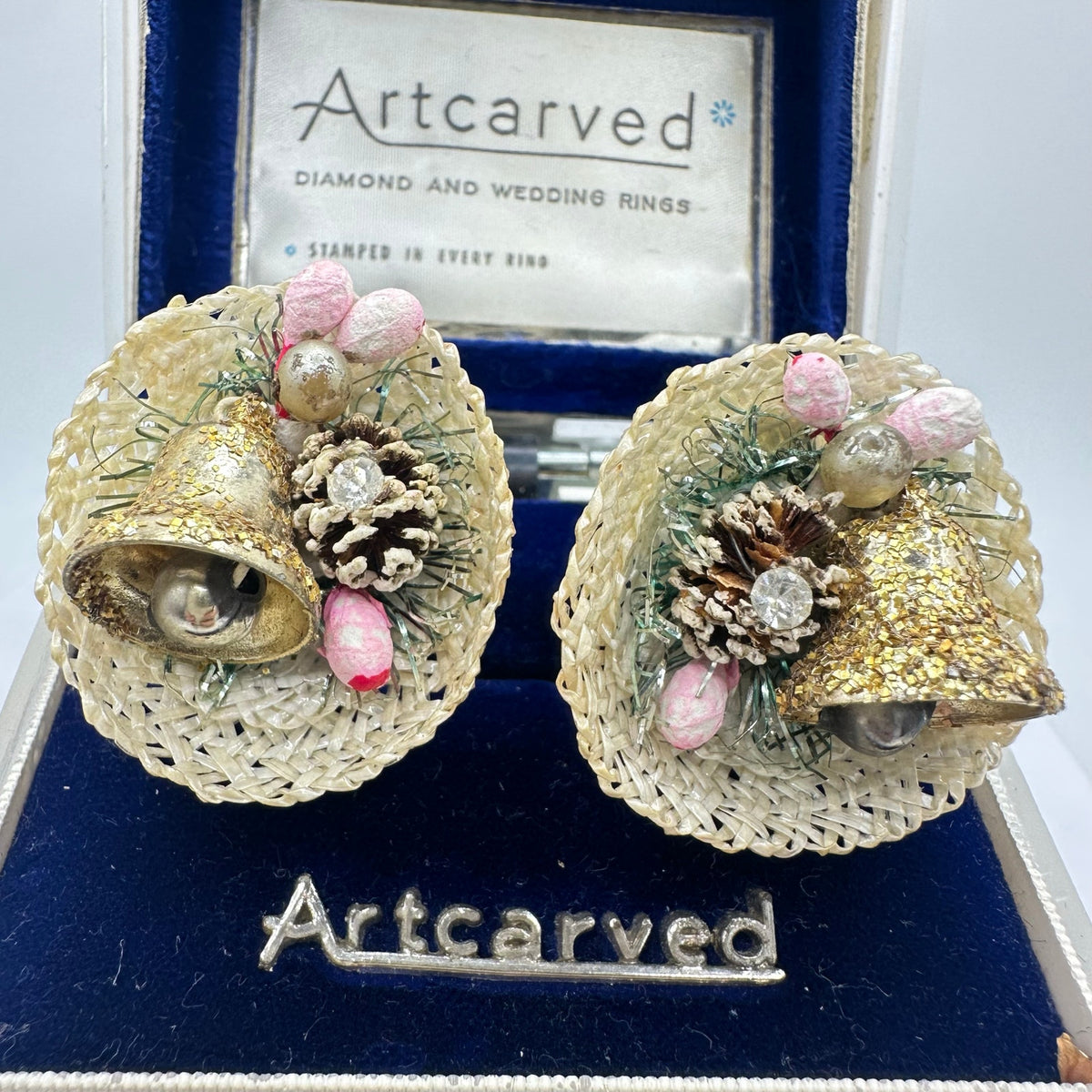 Japan vintage woven baskets pinecone bells berry beaded clip on earrings
