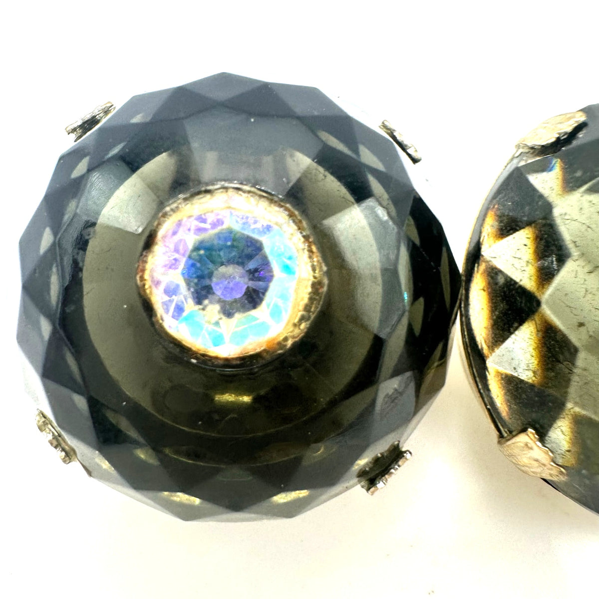 Vintage gold tone massive domed gray glass rhinestones AB clip on earrings