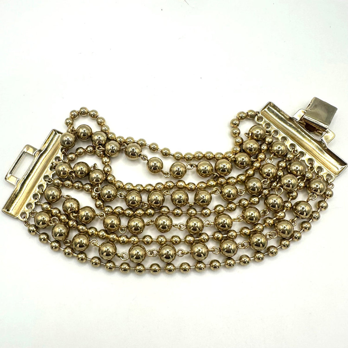Vintage gold tone chunky 9 strand beaded metal ball chains statement bracelet