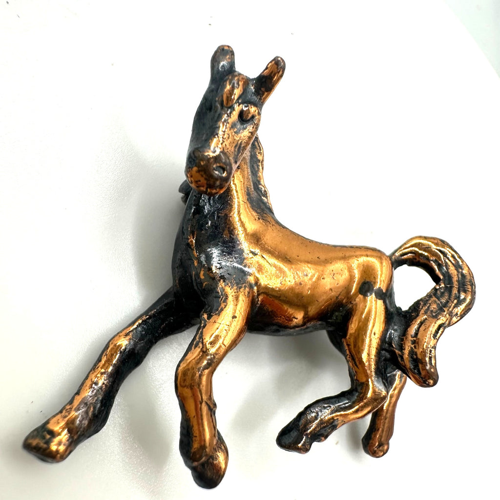Vintage midcentury solid copper gold tone 3D horse figural brooch pin
