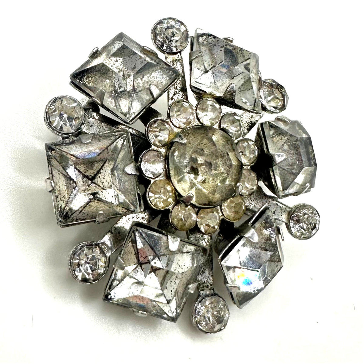 Vintage 1940s 1950s silver tone clear glass rhinestones brooch pendant 1.25"