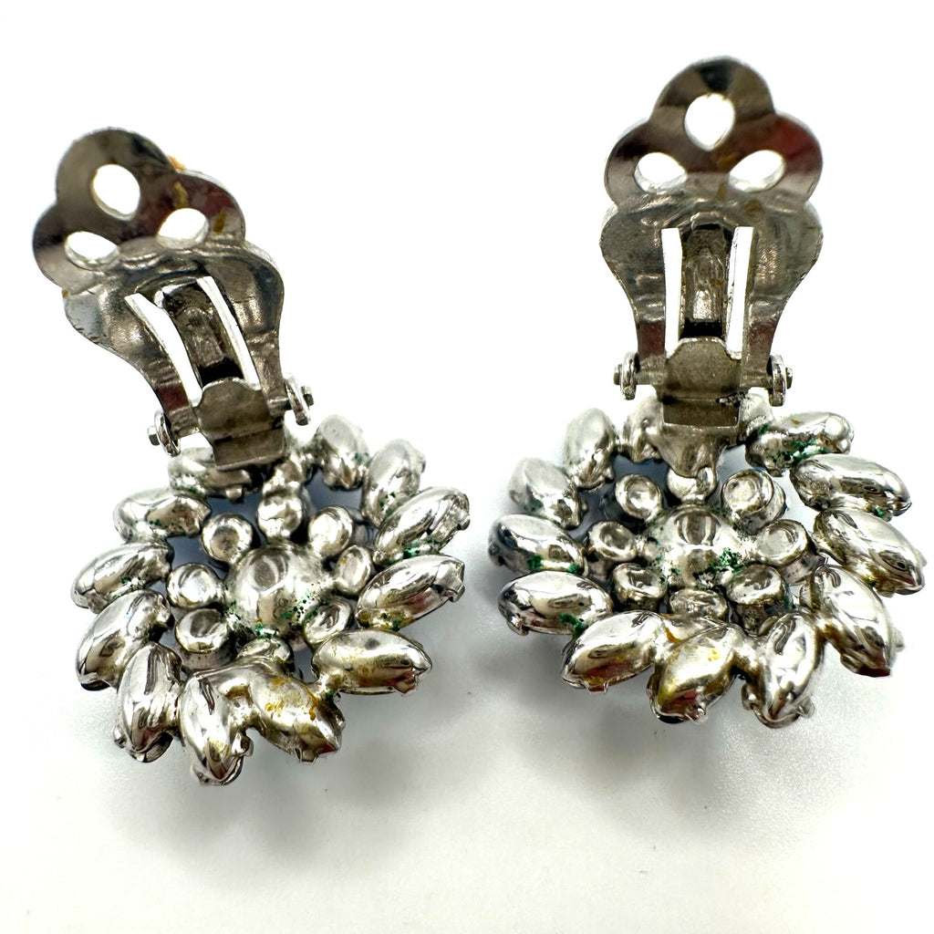 Sherman vintage silver tone light blue glass rhinestones clip on earrings