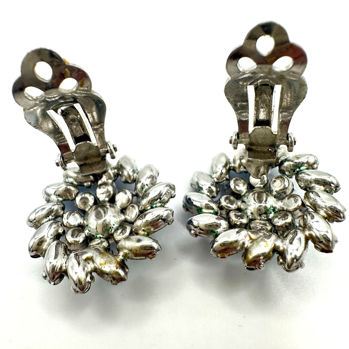 Sherman vintage silver tone light blue glass rhinestones clip on earrings