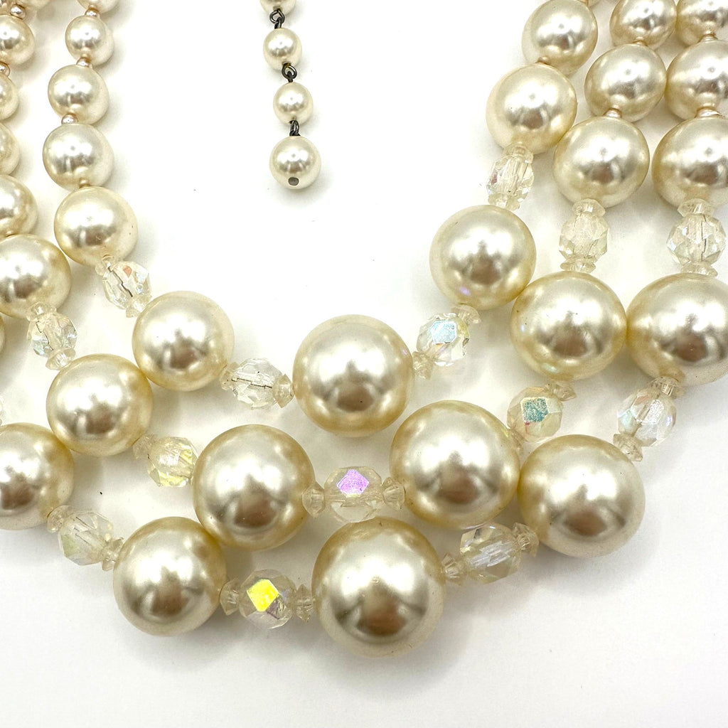 Japan vintage 3 multi strand lucite faux pearls AB beaded graduated necklace