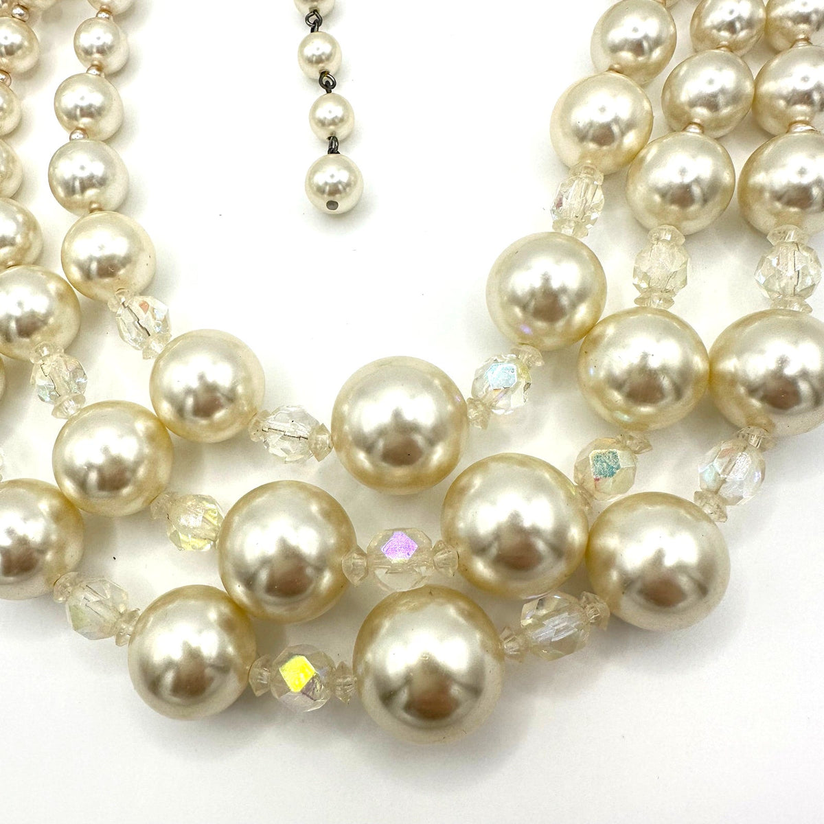 Japan vintage 3 multi strand lucite faux pearls AB beaded graduated necklace