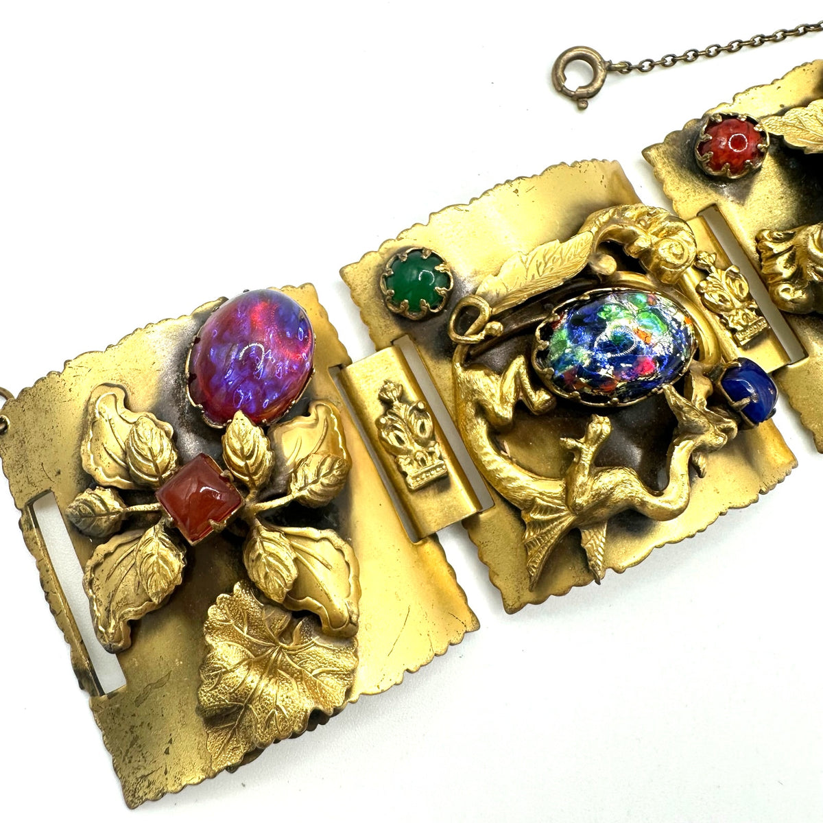 Antique vintage gold gilt dragons breath multicolor art glass cabochons bracelet