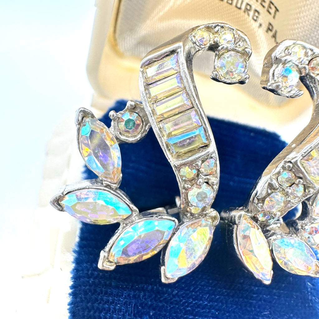 Vintage silver tone AB aurora borealis rhinestones scrolled clip on earrings
