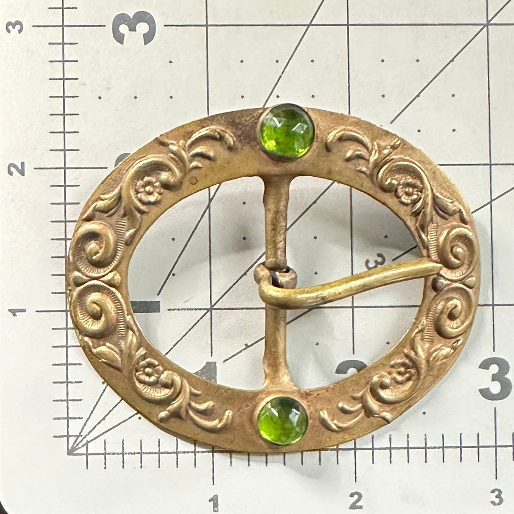 Antique Art Nouveau embossed gold tone brass green rose cut glass belt buckle
