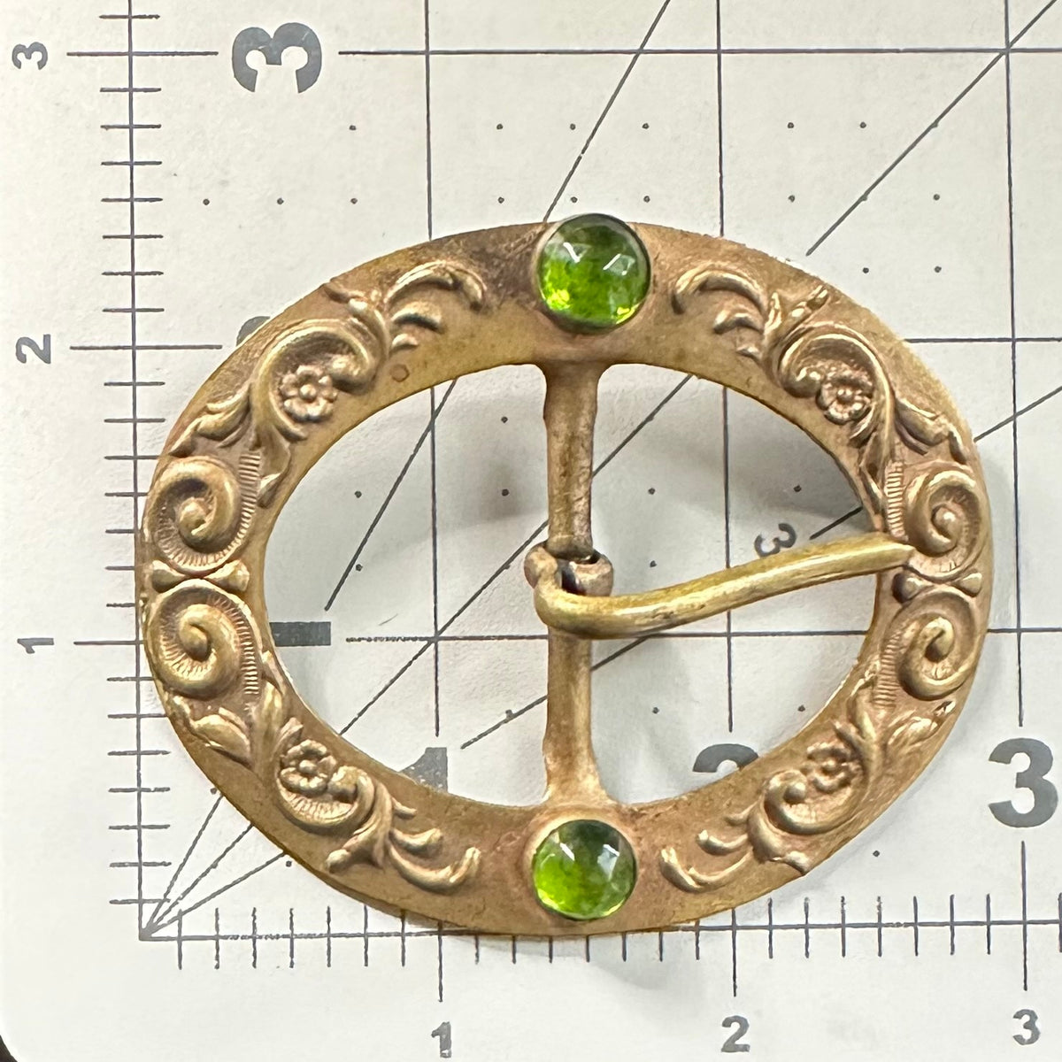 Antique Art Nouveau embossed gold tone brass green rose cut glass belt buckle
