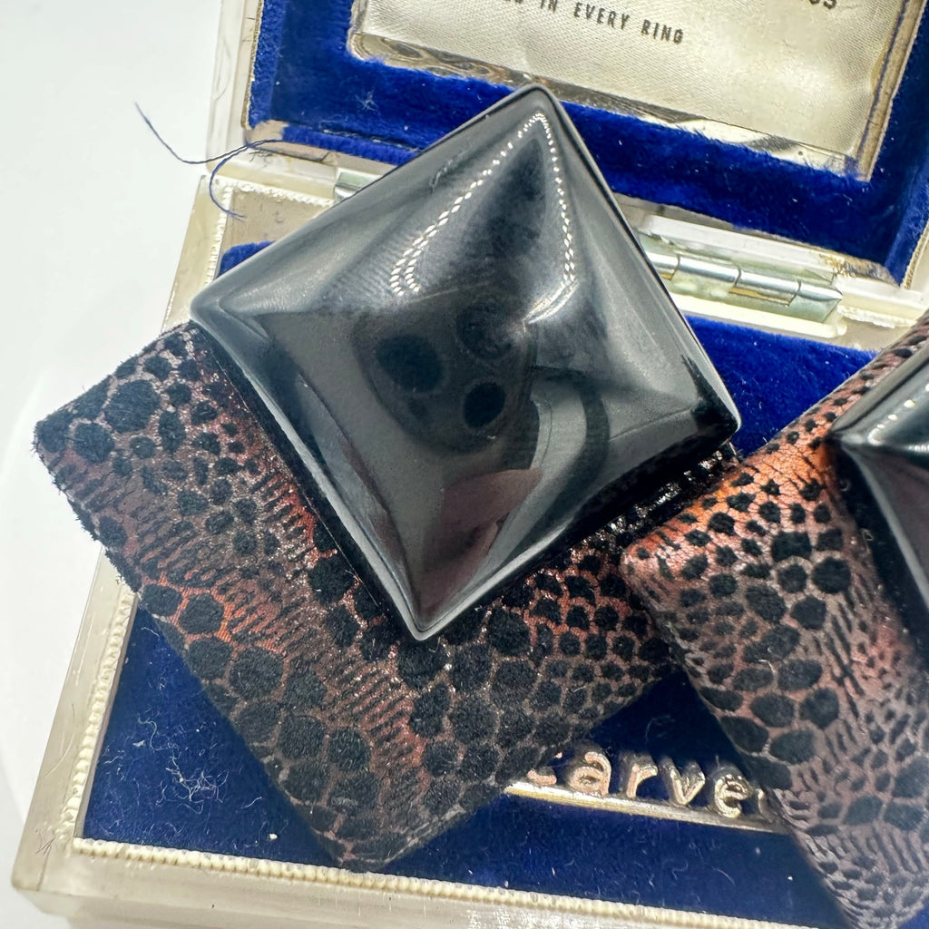 1980s vintage black glass fabric genuine leather statement clip on earrings