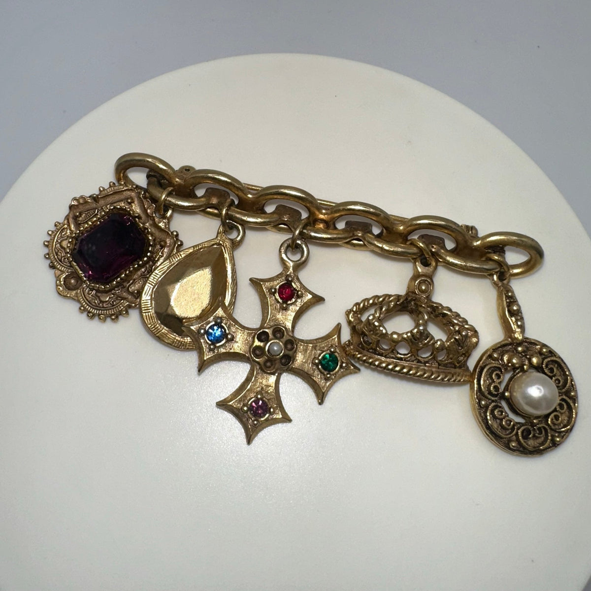 Vintage gold tone Victorian Revival 5 dangling charms crown Maltese cross brooch