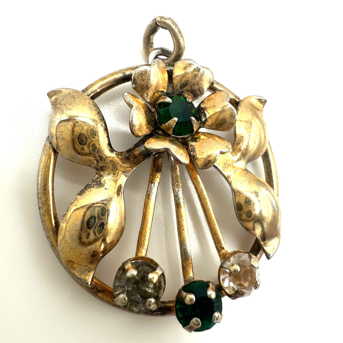 Leo Glass vintage sterling silver gold vermeil green clear rhinestones pendant