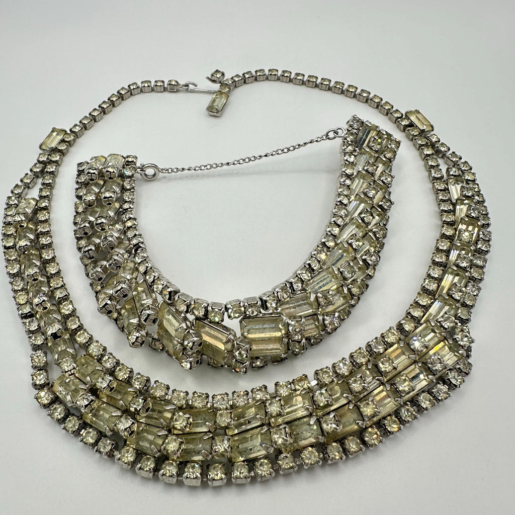 Vintage 1950s silver tone clear rhinestones tennis bracelet necklace parure