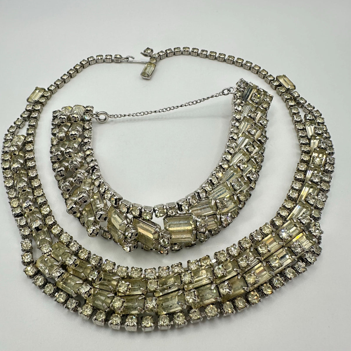 Vintage 1950s silver tone clear rhinestones tennis bracelet necklace parure