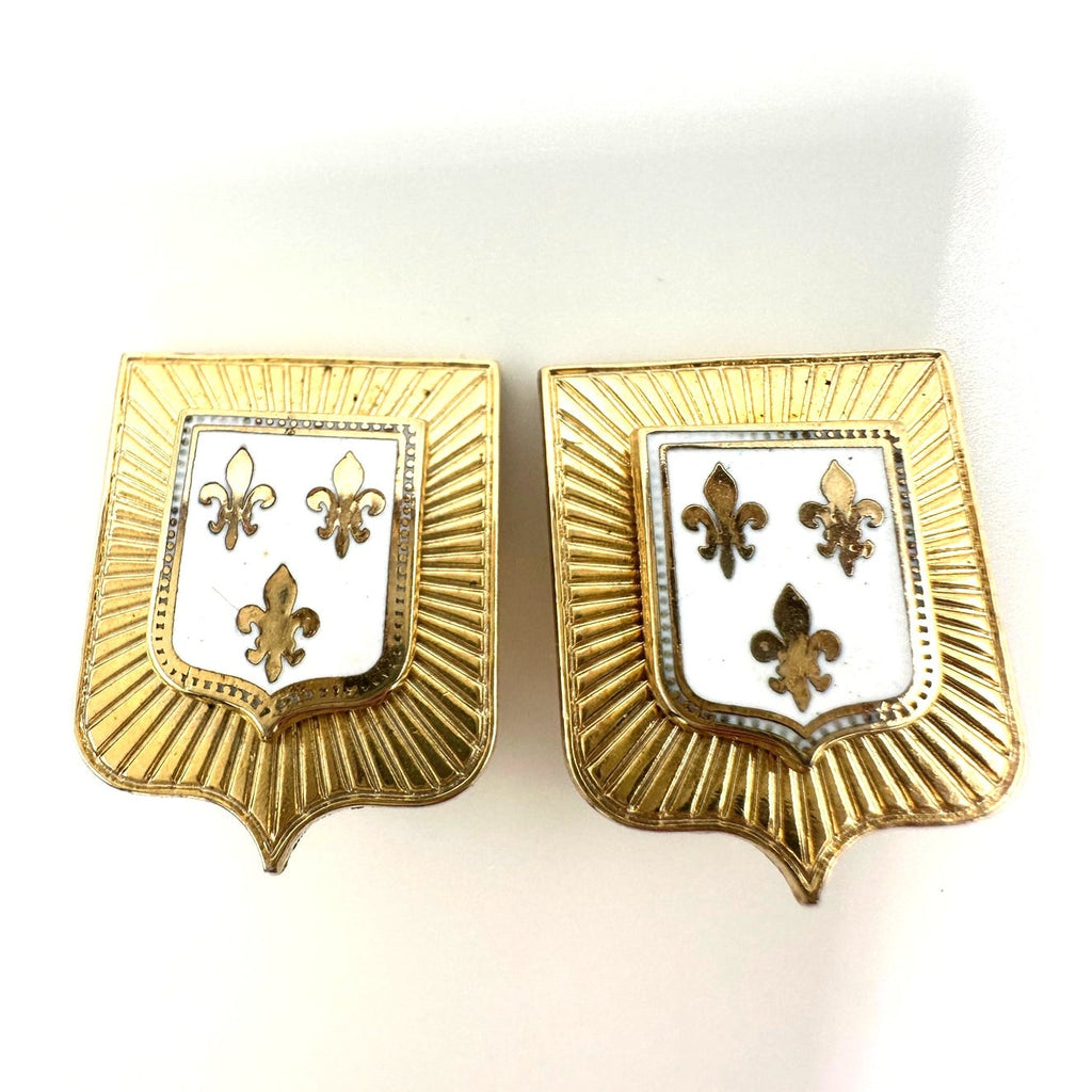 Vintage gold tone white enamel Heraldic shield fleur de lis clip on earrings
