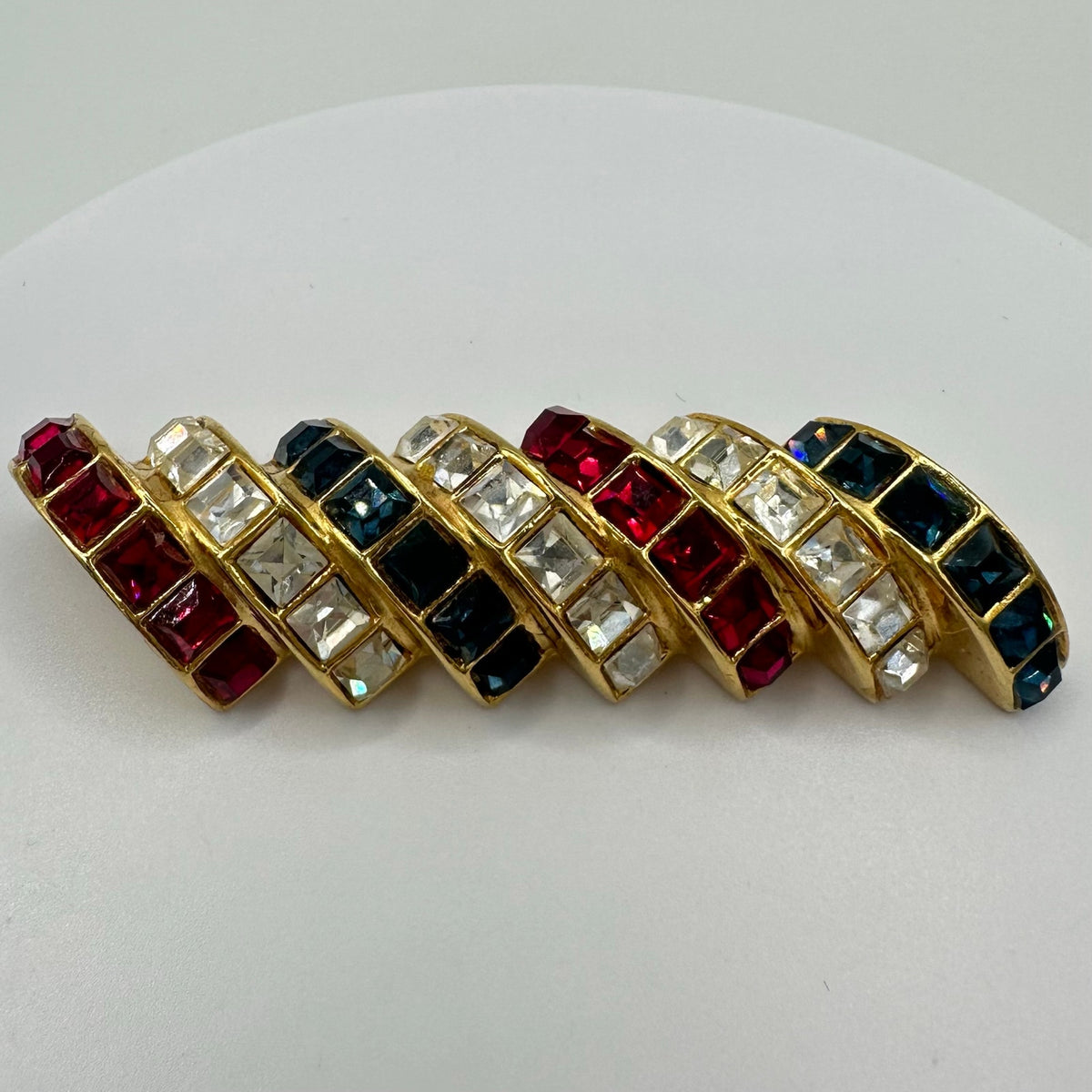 Ben-Amun vintage gold tone red blue clear square rhinestones half circles brooch