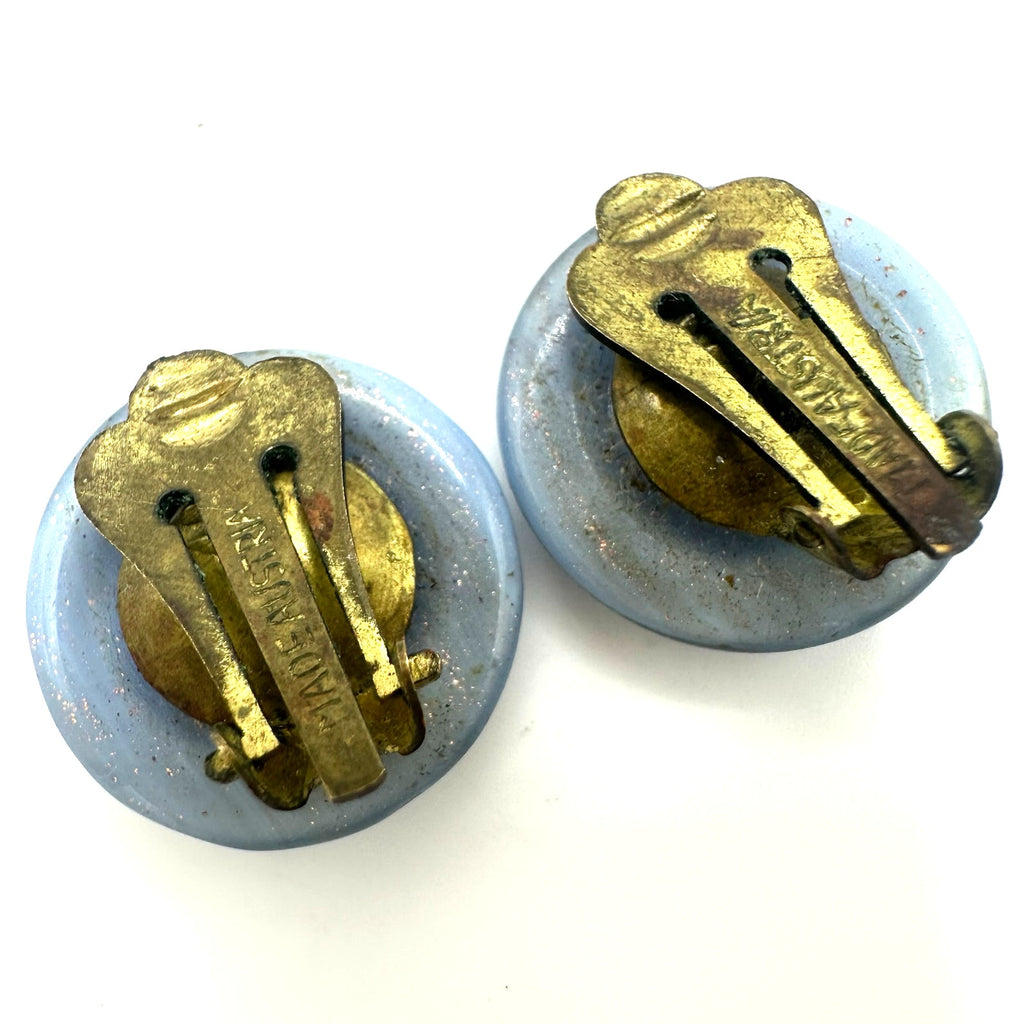 Austria vintage periwinkle blue purple gold glitter art glass clip on earrings