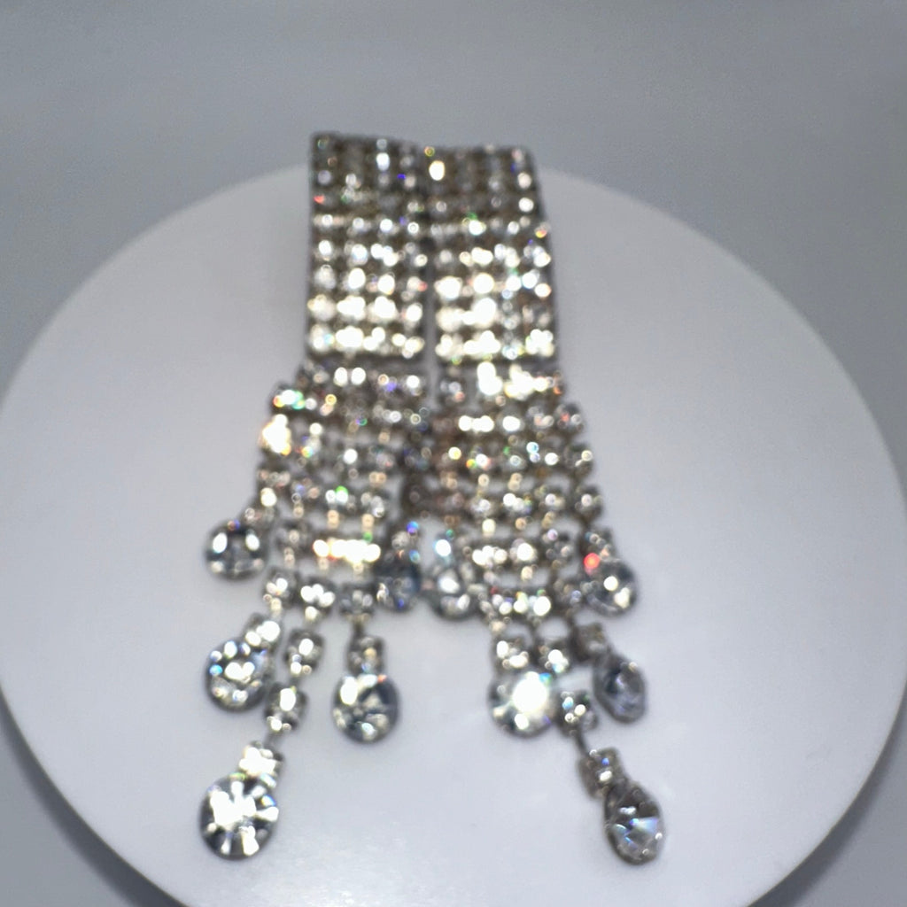 Vintage silver tone clear rhinestones 5 strands fringe 4" drop post earrings