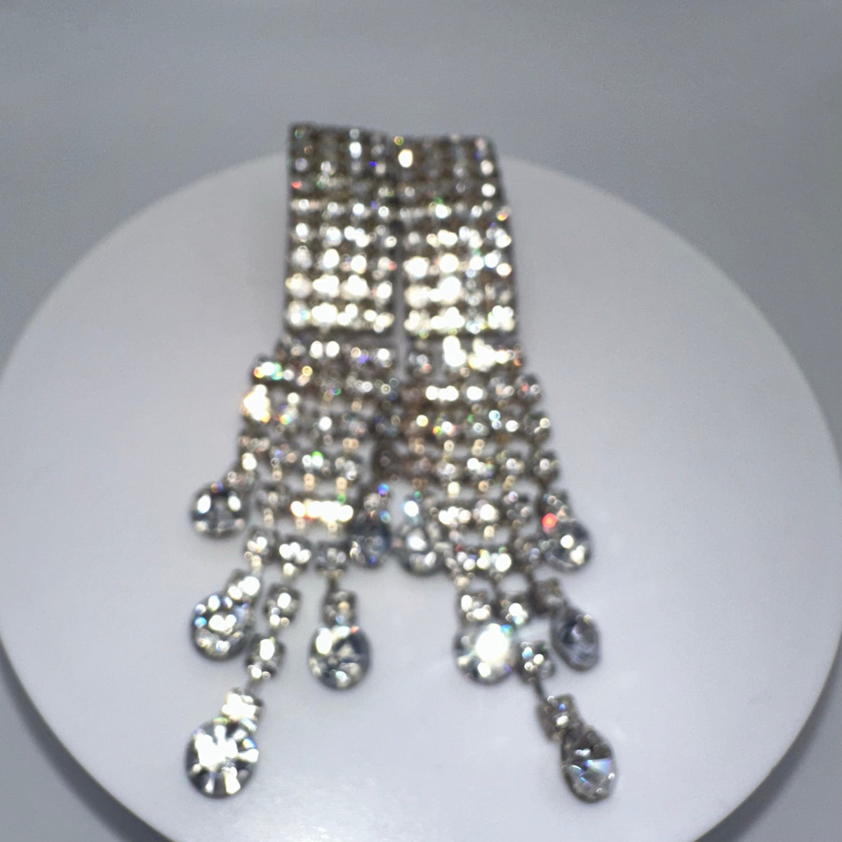 Vintage silver tone clear rhinestones 5 strands fringe 4" drop post earrings
