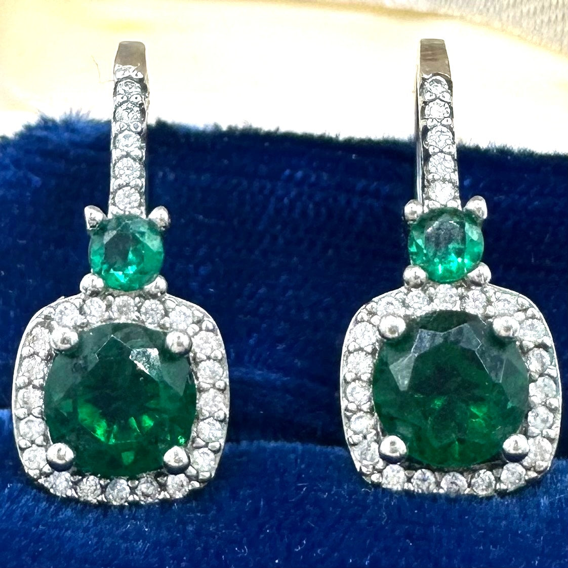 Signed silver tone clear emerald green cubic zirconia CZ drop post hook earrings