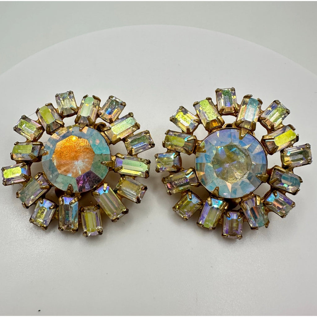 1950s vintage gold tone aurora borealis AB glass rhinestones clip on earrings