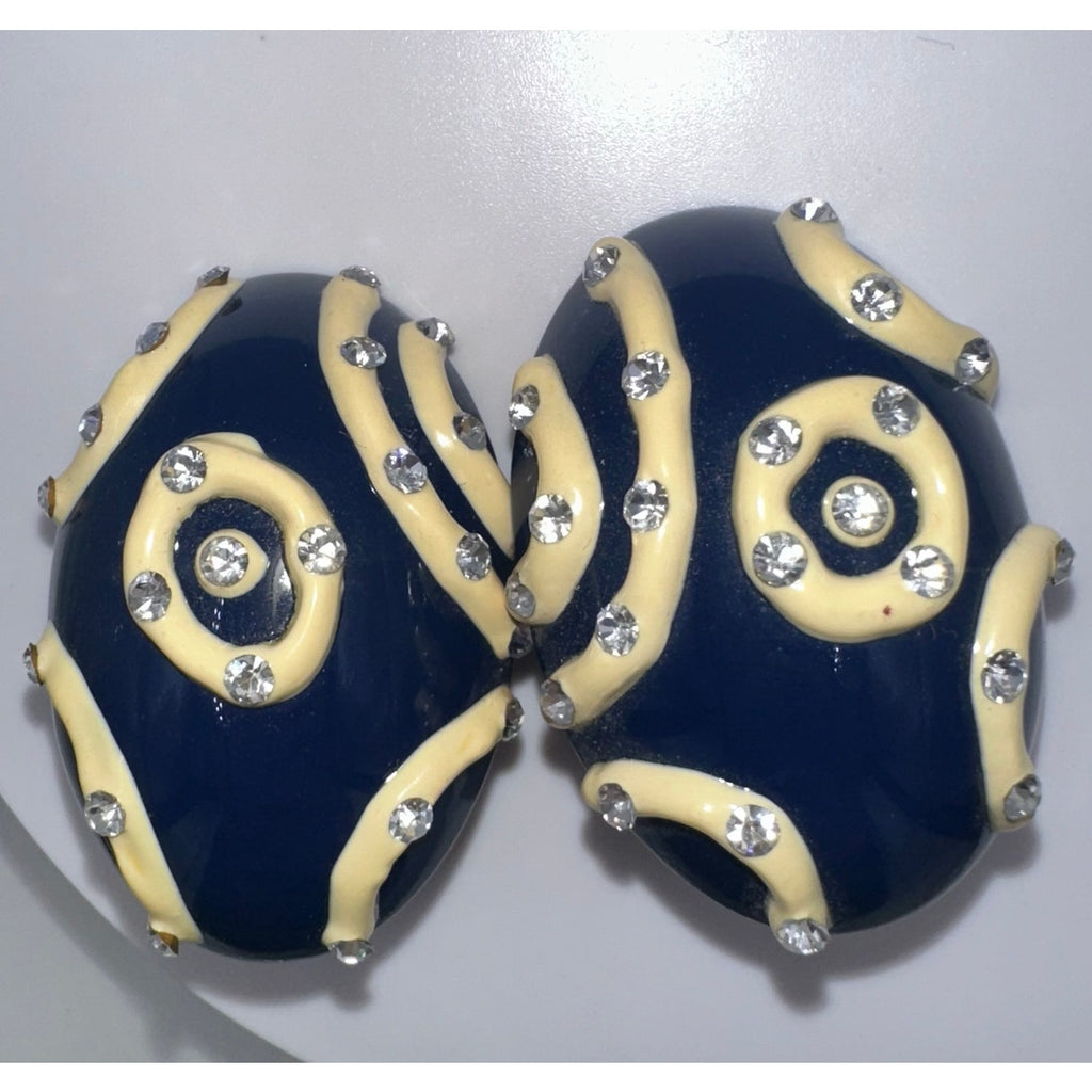 1980s vintage navy blue enamel cream rhinestones statement clip on earrings