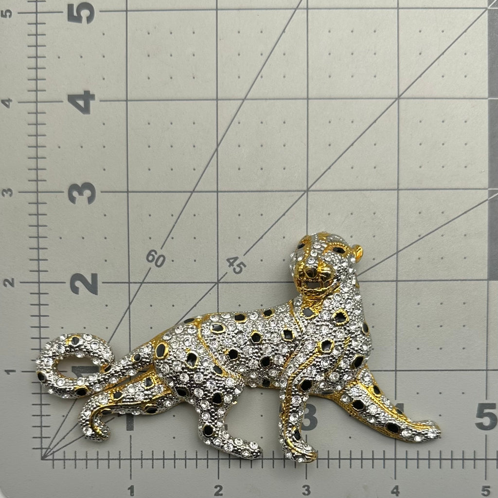 Vintage gold tone clear rhinestones black enamel leopard big cat figural brooch