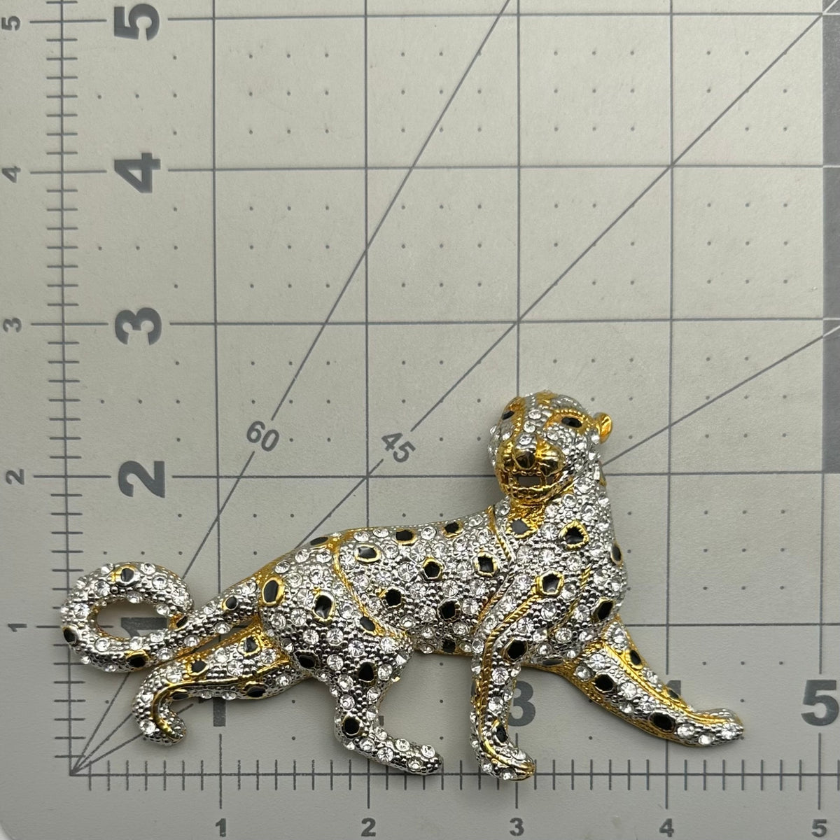Vintage gold tone clear rhinestones black enamel leopard big cat figural brooch