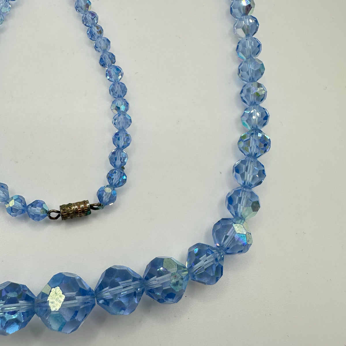 Vintage 1950s light blue AB glass beads beaded 28” graduated necklace
