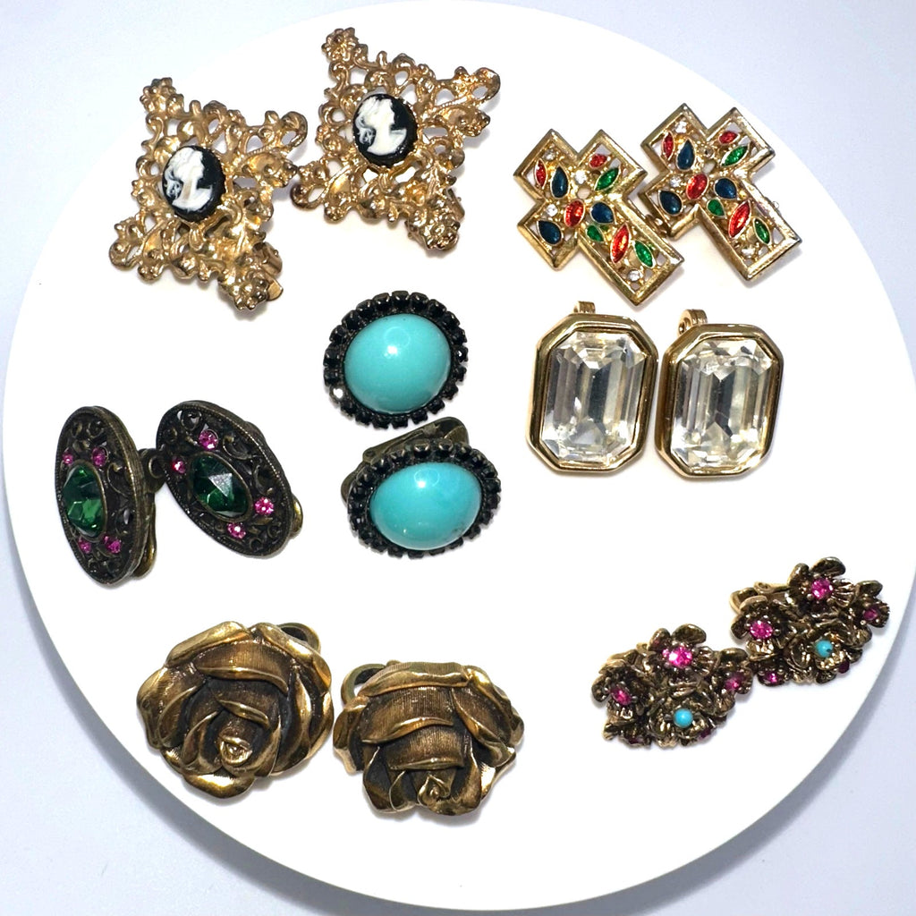 Bundle jewelry lot 7 pairs vintage gold tone clip on earrings 1928 Trifari Monet